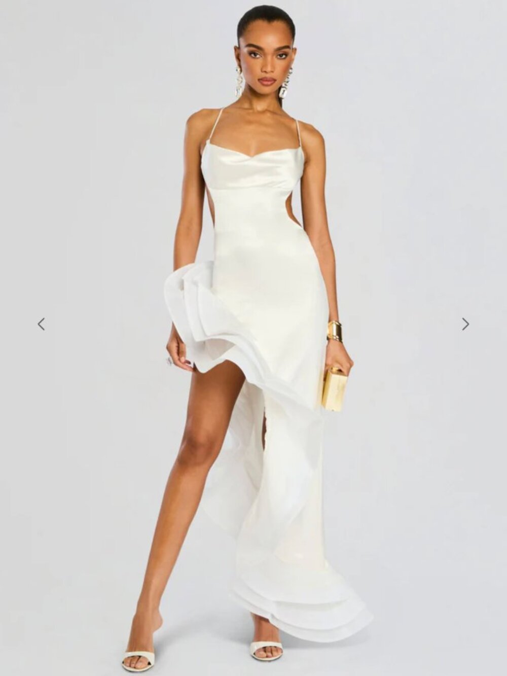 Retrofete White Satin Cutout Maxi Dress with Ruffled Train